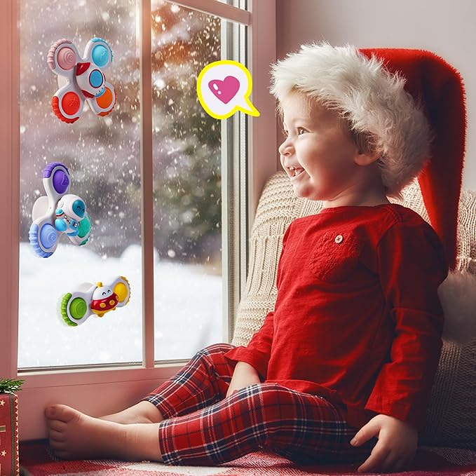 LiKee Strong Suction Cup Fidget Rotating Sensory Bath Toys for Baby, Airplane Car Travel Table & Window Toys for Toddler Boys and Girls, 12+ Months