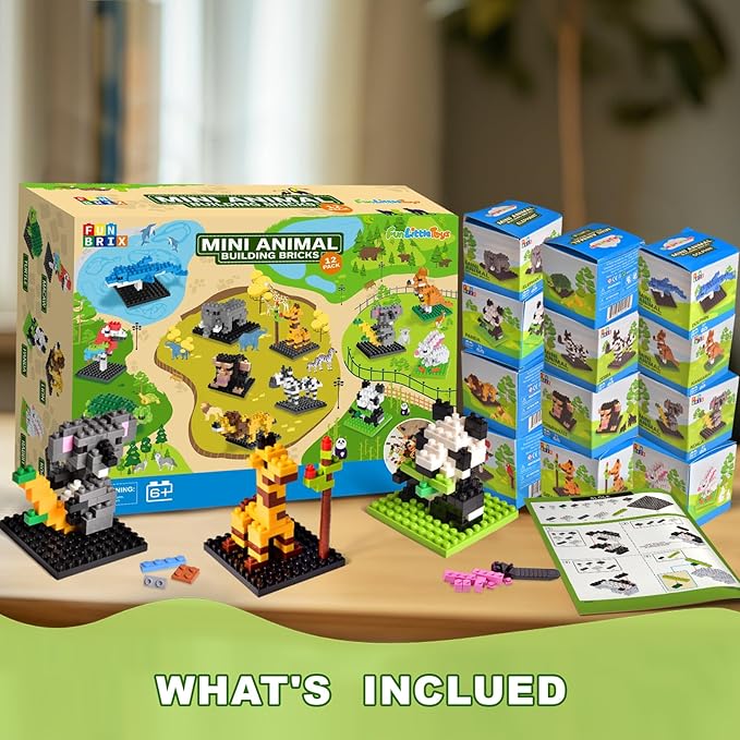 FUN LITTLE TOYS Party Favor for Kids, Mini Animals Building Blocks Sets Goodie Bags Stuffers for Kid, Small Toy Prizes, 12Pack Birthday Party Favor Easter Egg Fillers