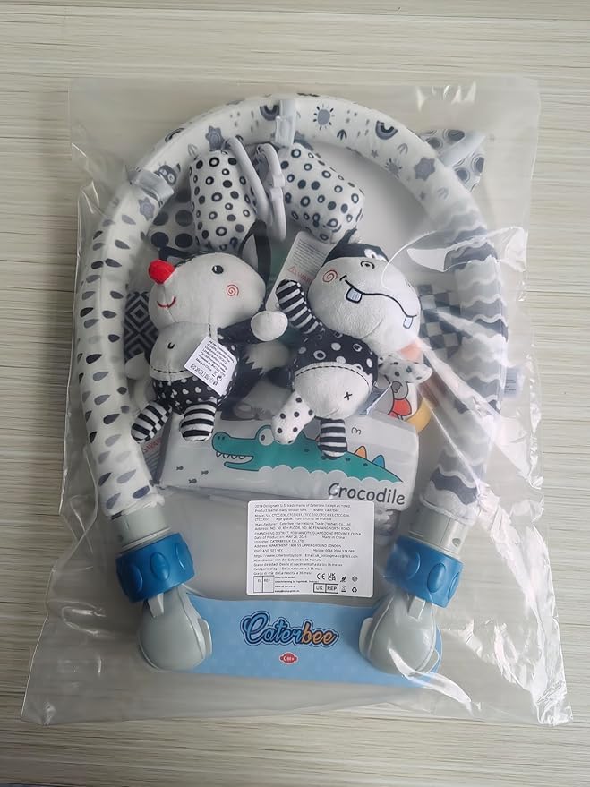 Caterbee Baby Activity Travel Mobile Arch Bassinet Toy, Black and White High-Contrast Bouncer Toy bar, Crib Toys with Hanging Animals, Stroller Attachment(Farm)