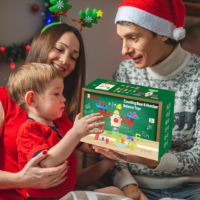 Bmag Balance Math Toys, 3 in 1 Counting Stacking and Balancing Math Learning Game for Kids, STEM Learning Activities Educational Toys with 30 Bears, 10 Numberblocks, 1 Tweezers, 11 Activity Cards