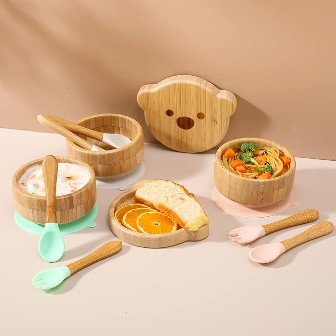Baby Bowls with Lid,HBM Bamboo Suction Bowls for Baby and Spoon Set,3PC Feeding Supplies Set for Infant, Toddlers,Detachable Silicone Suction Stay Put Base for Wooden Bowl （Mint）