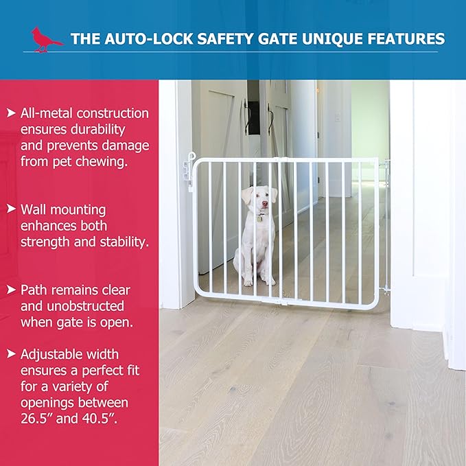 Cardinal Gates MG15 Auto-Lock Baby Gate for Stairs- Adjustable Indoor Dog Gate - Made of Aluminum to Ensure Kids & Pets Safety - 26.5 to 40.5 Inches Wide - White - USA Based Company