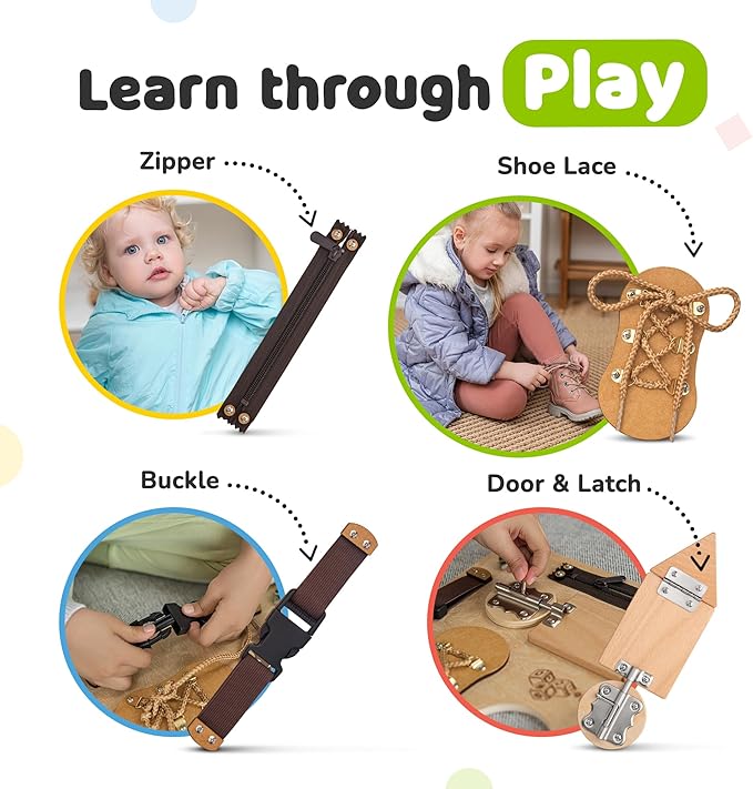 deMoca Sensory Busy Board for Toddlers, Premium Wooden Toddler Busy Board for 1 2 3 Year Old with 10 Educational Activities for Fine Motor Skills, Fidget Activity Toy for Travel Toy (Nature - Large)