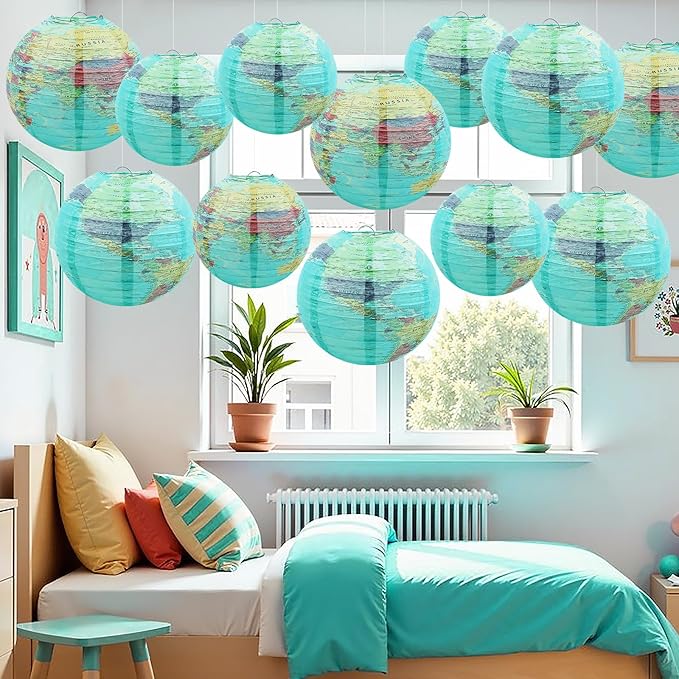 14Pcs World Map Paper Lanterns Classroom Decorations 10 in and 8 in Classroom Hanging Ceiling Decor Earth Globe Lantern Fans for Back to School Around Travel Earth Theme Party Decor Supplies