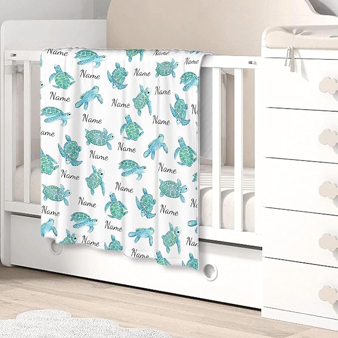 Personalized Baby Blanket for Girls Boys Turtle Custom Baby Blanket with Name Swaddle Blanket for Toddlers Infants Kids Shower Newborns Nursery Stroller Crib Decor Throw Birthday Gift