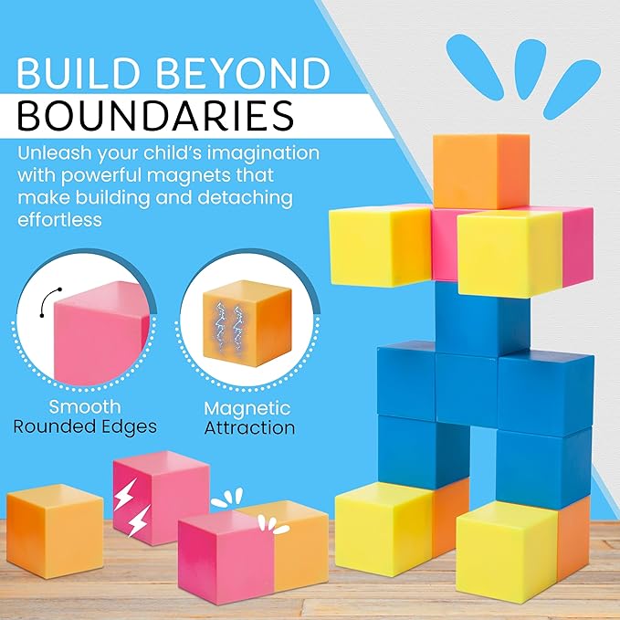 Glow in The Dark Toys Magnetic Building Blocks 35 PCs Neon Block – Safe Magnet Blocks for Kids & Toddlers Aged 4-8 | Magnetic Building Cubes w/Manual & Travel Pouch – STEM Educational Toys