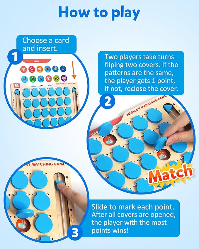 Coogam Memory Matching Game, Wooden Board Travel Toy with Memory Cards, Essential Activity for Road Trip Airplane/Car/Camping, Fine Motor Educational Gift Toy for 3 4 5 Year Old Kids