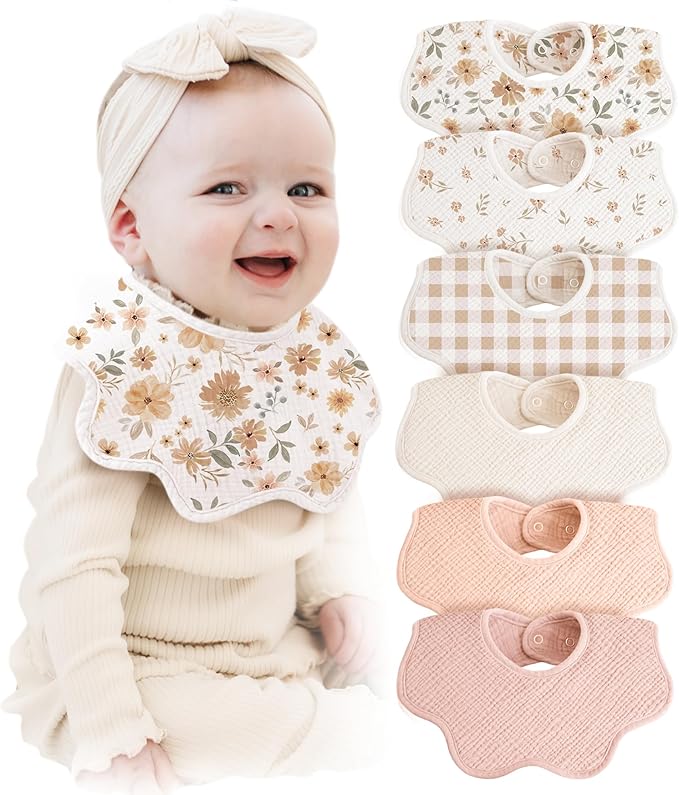 Konssy Muslin Baby Bibs 100% Cotton Absorbent Bandana Drool Bibs for Teething and Drooling, 6-Pack for Baby Boys & Girls
