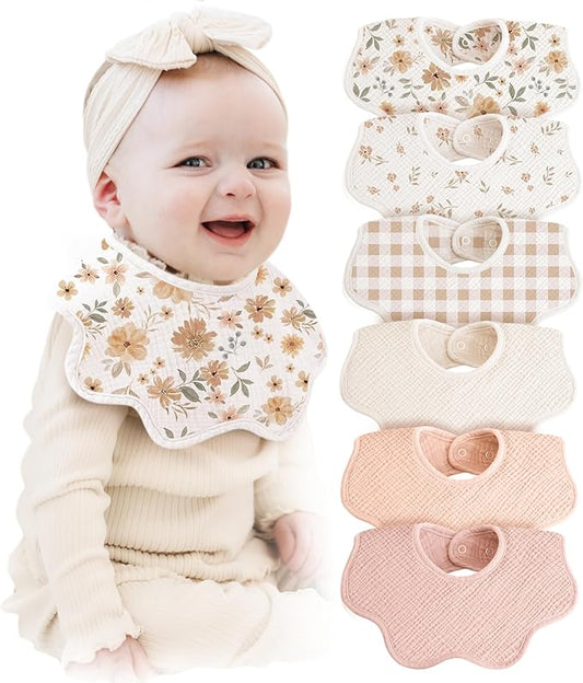 Konssy Muslin Baby Bibs 100% Cotton Absorbent Bandana Drool Bibs for Teething and Drooling, 6-Pack for Baby Boys & Girls