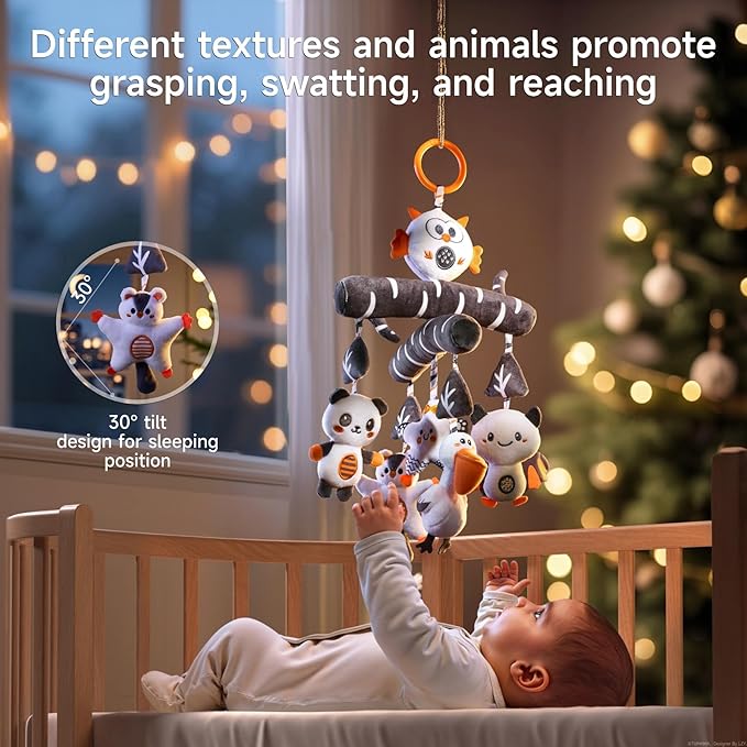 TUMAMA Black and White Crib Hanging Plush Toy, Active Plush Animal Crib Mobile, Sensory High Contrast Baby Toy for 0 3 6 9 to 12 Months
