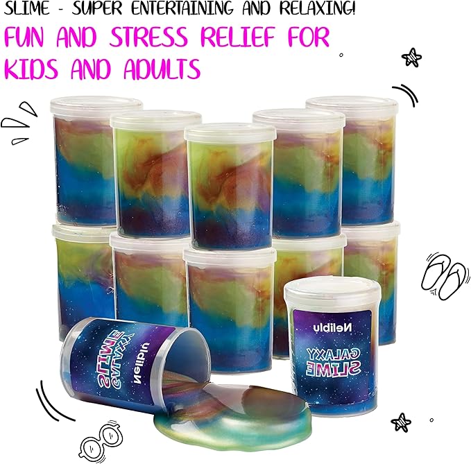 Neliblu Galaxy Slime Kit - 12 Pack of 4 oz Galaxy Slime Party Favors for Kids, Fun DIY Decoration and Self-Calming Toys - Marble Rainbow Slime Set for Girls - Goodie Bag Stuffers and Birthday Gifts
