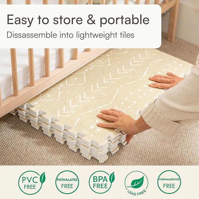 Lillefolk Baby Play Mat for Floor – 8x8ft Beige | Soft Non Toxic Premium EVA Foam Tiles for Tummy Time, Crawling & Playroom – Waterproof for Hard Floors Mat for Babies & Toddlers (16 Tiles)
