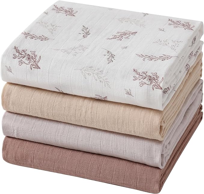 Muslin Swaddle Blankets for Boys and Girls, Soft Cotton Baby Swaddle Blankets for Unisex, 47 X 47 inches Muslin Swaddles, 4 Pack Leaves & Warmth Colors