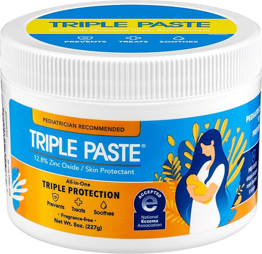 Triple Paste Diaper Rash Cream for Baby - 8 Oz Tub – Zinc Oxide Ointment Treats, Soothes and Prevents Diaper Rash - Pediatrician-Recommended Hypoallergenic Formula for Daily & Overnight Protection
