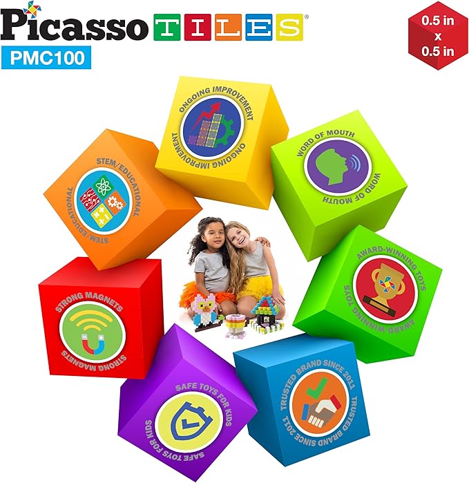 PicassoTiles 100pcs 0.5” Pixel Magnetic Puzzle Cube Mix & Match Cubes Sensory Toys STEAM Education Learning Building Block Magnets Children Construction Toy Set Stacking Magnet Creative Kit PMC100