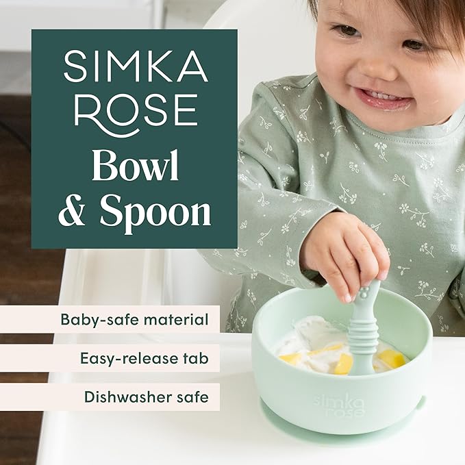 Simka Rose Baby Bowl and Spoon Set, Suction Bowls for Toddler, BPA-Free Silicone, Dishwasher and Microwave Safe Feeding Supplies (Emerald)