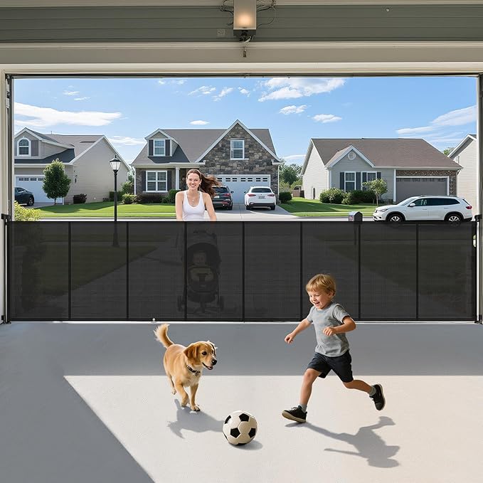 236'' Retractable Baby Gates Extra Wide, 42'' Extra Tall Retractable Dog Gate, 20 FT Black Indoor/Outdoor Retractable Gate with Reinforcement Rods for Garage, Doorways, Stairs, Decks, Driveway, Patio