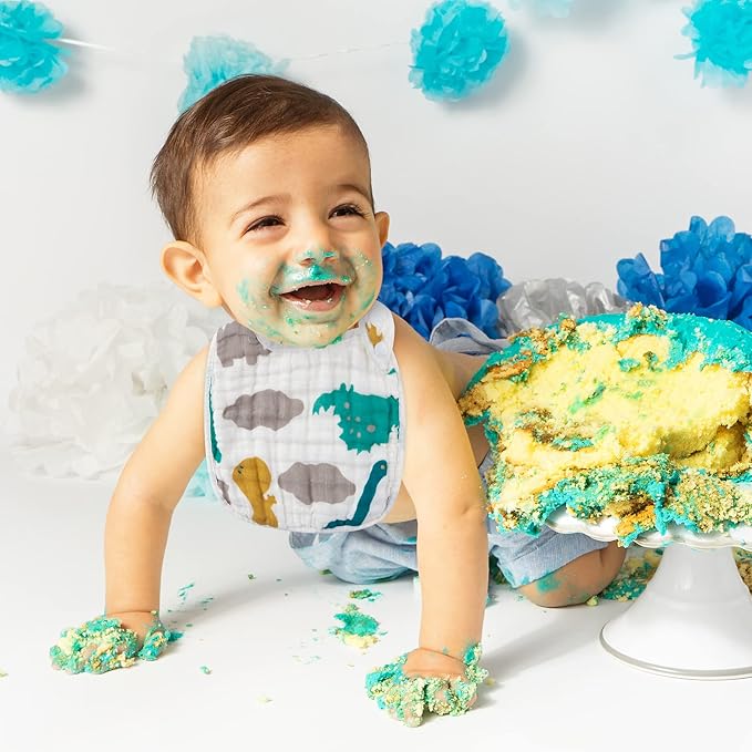 Zainpe 6Pcs Snap Muslin Cotton Baby Bibs Dinosaur Star Bear Pattern Bib, Adjustable Burp Cloths with 6 Absorbent & Soft Layers for Infants Newborns Toddlers Drooling Feeding Teething