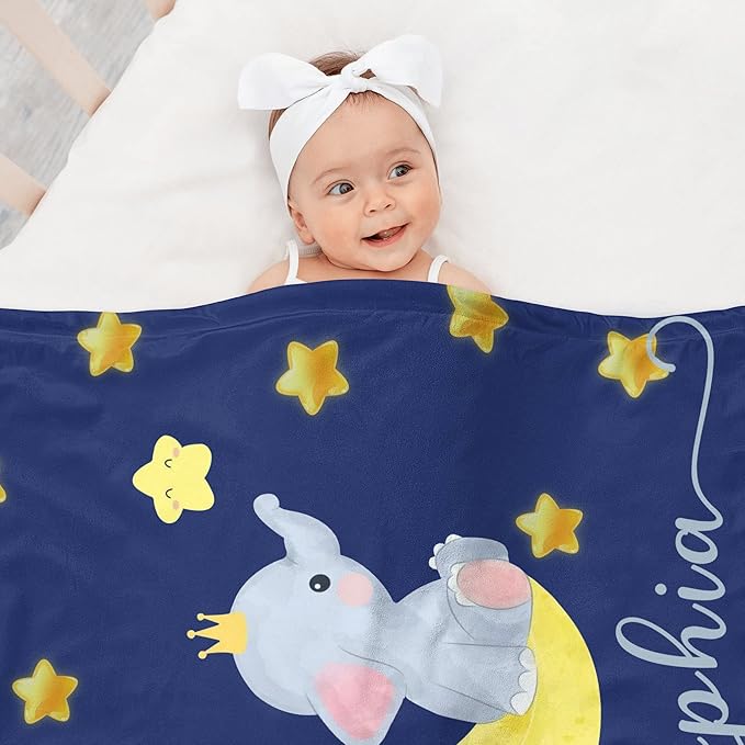 Custom Baby Blanket with Name, Personalized Elephant Swaddle Blanket for Girls, Customized Shower Gifts for Baby Girls, Christmas Birthday Newborn Baby Gifts