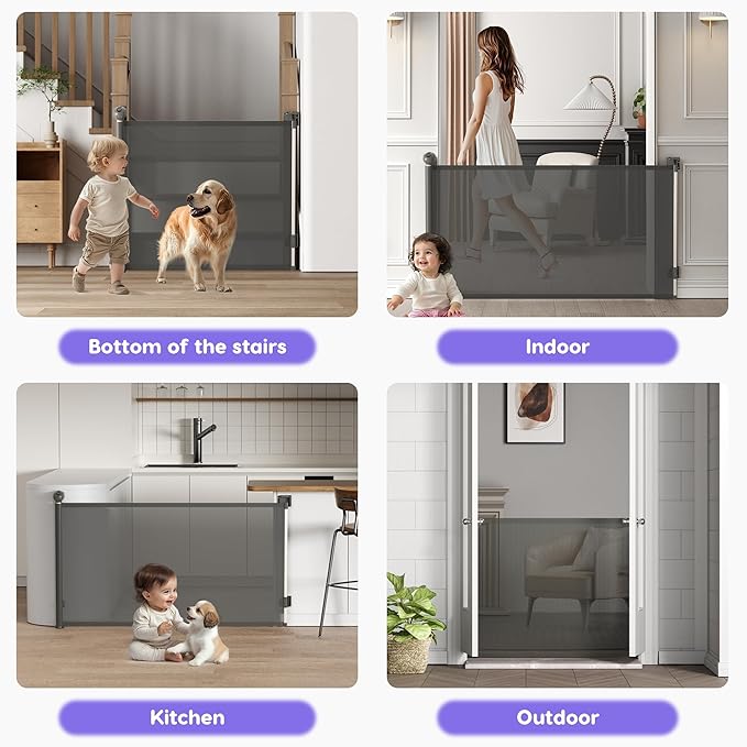Retractable Baby Gate, Baby Gate for Stairs Auto-Lock, Dog Gates for Doorways Safety, Extends to 34.5x55in, Grey