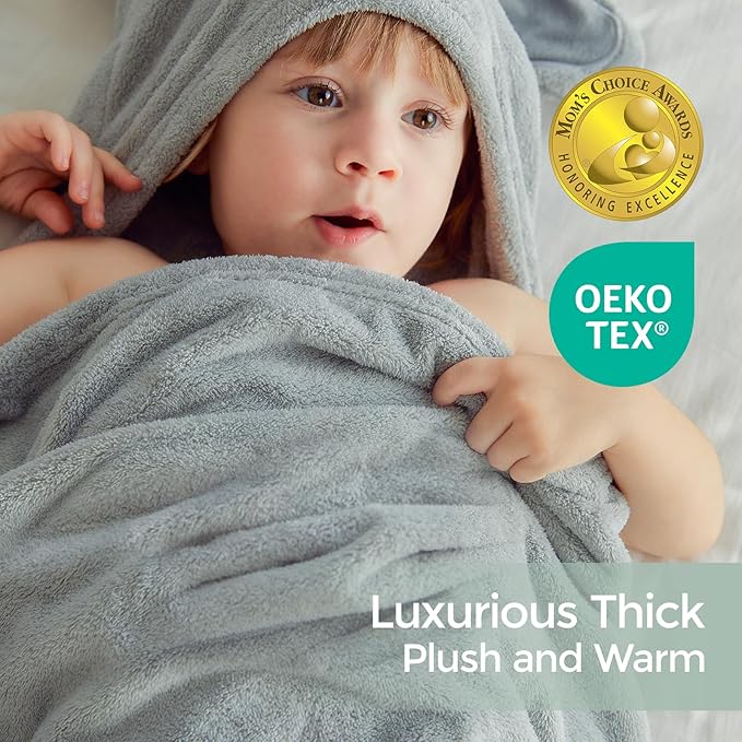 Momcozy Baby Bath Towels with Visualize Health Label - Ultra Soft & Absorbent Coral Fleece Hooded Towels for Newborn, Infant, Toddler (0-36 Months) Bath Essentials (Large Size,2 Pack)