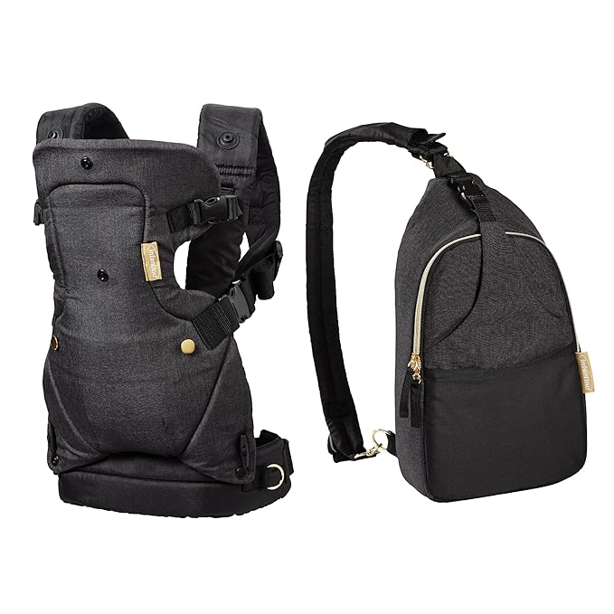 Infantino Flip 4-in-1 Convertible Baby Carrier & Crossbody Diaper Bag - Grow-with-Me Carrier with Attachable Crossbody Diaper Bag, Black and Gold, 2-Piece Set