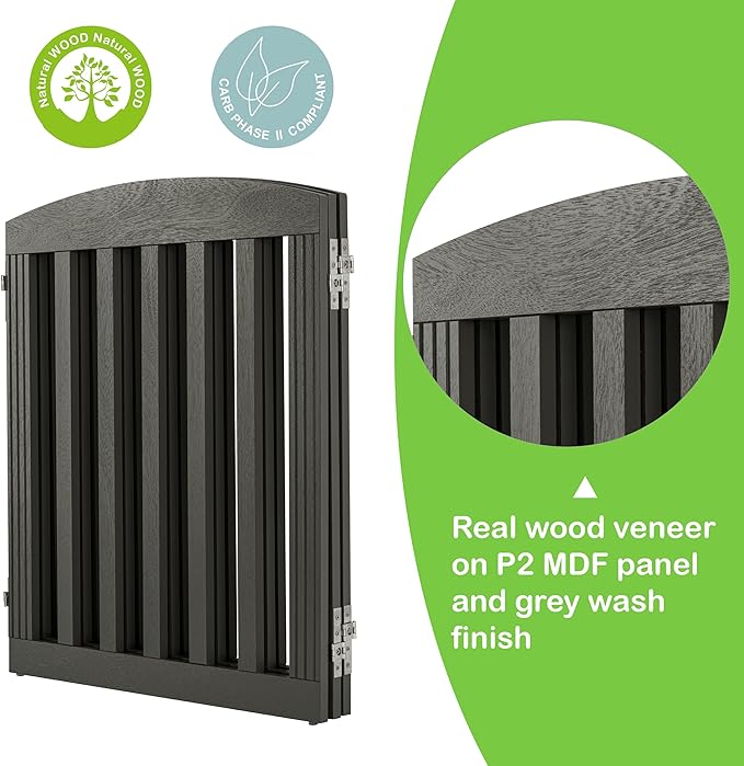 SPIRICH Wooden Freestanding Foldable Dog Gate, Extra Wide Step Over Puppy Gate, 3 Panels, Grey