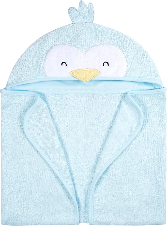 Gerber Baby 4 Piece Animal Character Hooded Towel and Washcloth Set, Blue Penguin, One Size
