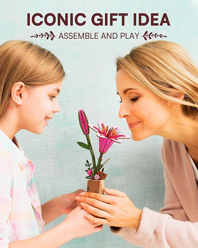 3D Flower Wooden Puzzles for Adults-Pink Lily, DIY Wooden Flowers Model Kit Building Set Crafts for Adults to Build, Botanical Collection/Ideal Creative Gift Ideas/Housewarming (73PCS)