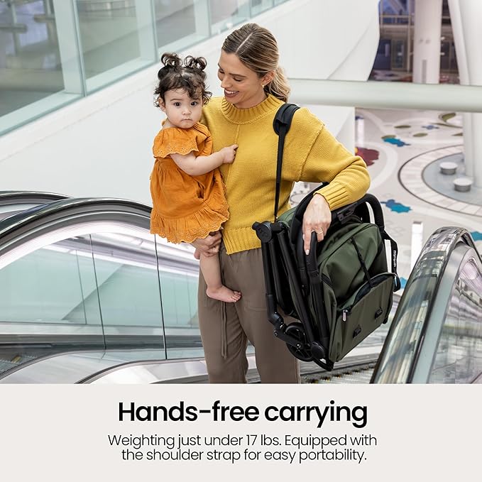 Mompush Velo Lightweight Travel Stroller, Compact & Airplane-Friendly for Baby and Toddler, Lie-Flat Seat, One-Hand Fold, with Leather Bumper Bar, Shoulder Strap, Raincover, Storage Bag & Cup Holder