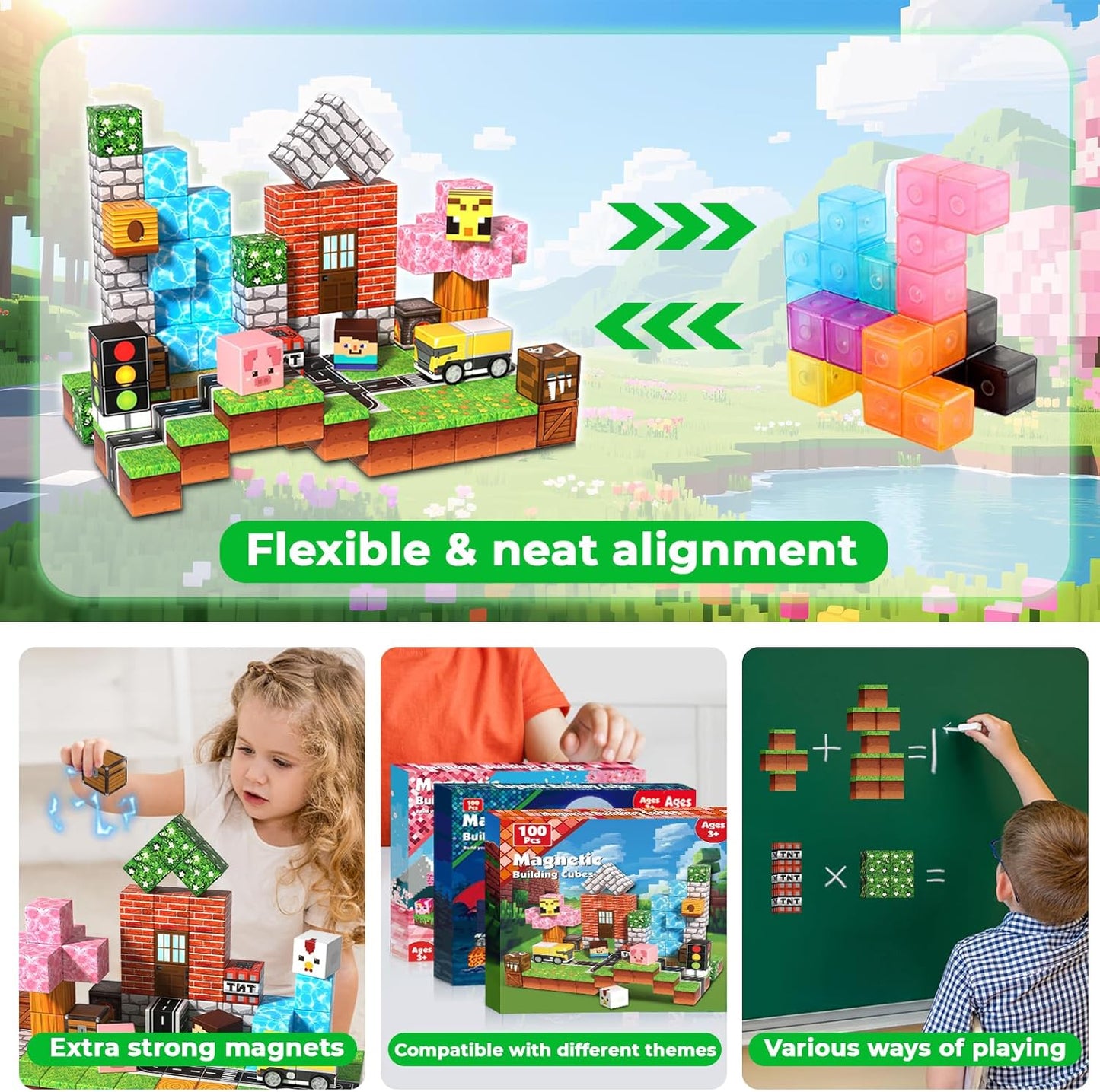 100 PCS 0.8in Magnetic Blocks - Magnet Toys & Magnetic Building Blocks Cubes, Stacking Magnets, STEM Toys for School Acitivities, Birthday Gifts for Boys Age 3+ Years Old (Theme: Forests)
