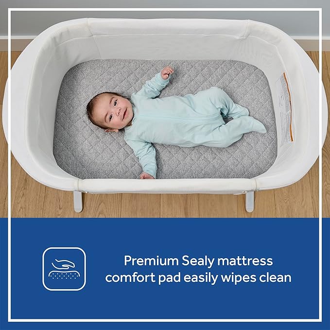 SEALY BABY Airy Dreams, Breathable, Portable Bedside Bassinet Sleeper, 2-in-1, Newborn Room Sharing, Adjustable Height, 9 Settings, Storage Pocket, Drop Down Panel