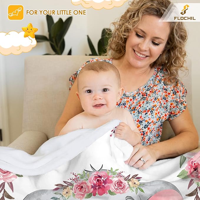 FLOCHIL Personalized Baby Blanket - Custom Baby Blanket with Name for Girls, Newborn Elephants Plush Fleece (30x40)