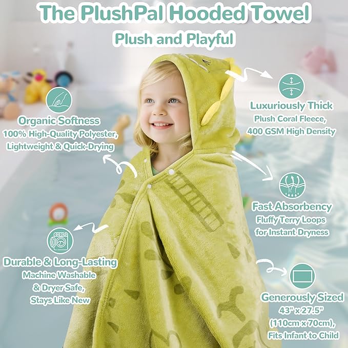 HECCEI HoodieHug Baby Towels, Premium Coral Fleece Bath Towel with Large Size-Ultra Absorbent for Baby Comfort- Great Gift for Newborn, Toddler and Kid (Dinosaur)