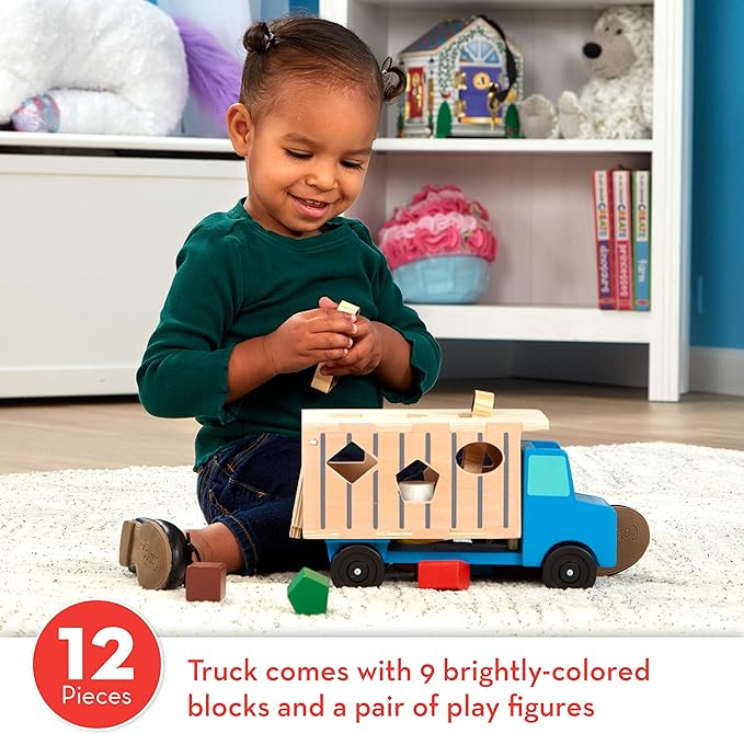 Melissa & Doug Shape-Sorting Wooden Dump Truck Toy with 9 Colorful Shapes and 2 Play Figures Wooden Vehicle Toys, Shape Sorter Toys for Toddlers Ages 2+