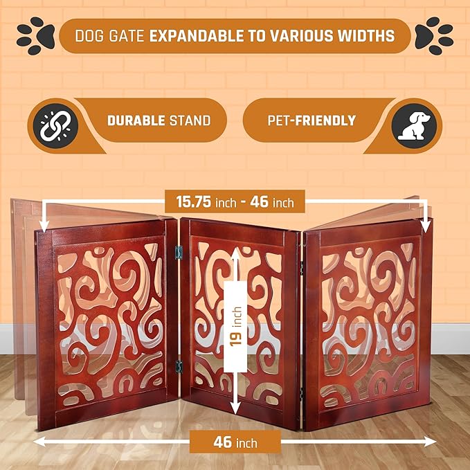 Bundaloo Freestanding Dog Gate Expandable Decorative Wooden Fence for Small to Medium Pet Dogs, Barrier for Stairs, Doorways, & Hallways (Mehagony Scroll)