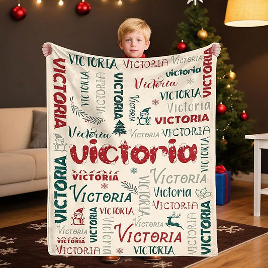 Custom Christmas Blanket with Name,Personalized for Grandkids,Customized Flannel Blankets Throw for Baby Boys Girls