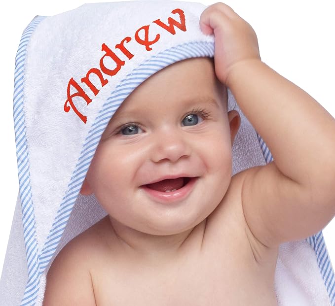 My Personal Memories Personalized Baby Hooded Bath Towel - Monogrammed for Girl and Boy - Embroidered (White with Blue)