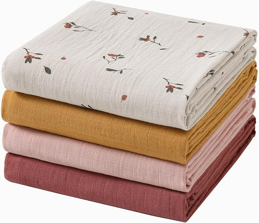 Muslin Swaddle Blankets for Boys & Girls, Soft Breathable Swaddling Blankets, Large 47" X 47" inches Baby Muslin Swaddles, 4 Pack Red Berries/Earthy Colors