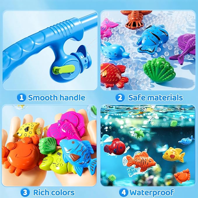Magnetic Fishing Pool Toys Game for Kids Toddlers 3-5 4-8, Fishing Water Table Bathtub Toy with Inflatable Pool Pole Rod Net Plastic Floating Fish, Water Bath Pool Outdoor Toys for Kids Toddlers Baby