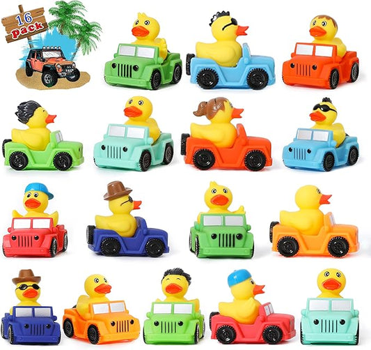 XY-WQ 16 Pack Rubber Duck for Jeeps Ducking - 3" Bulk Floater Duck for Kids - The Shape of a Vehicle - Baby Bath Toy Assortment - Party Favors, Birthdays, Bath Time, and More (8 Varieties)
