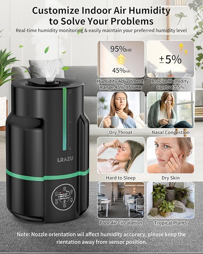 6L Humidifiers for Bedroom, 60H Runtime 26 dB Quiet Supersized Cool Mist Air Humidifiers for Large Room, Baby Nursery, Plant, Indoor, Night Light, Easy to Clean, Precise Humidity Control