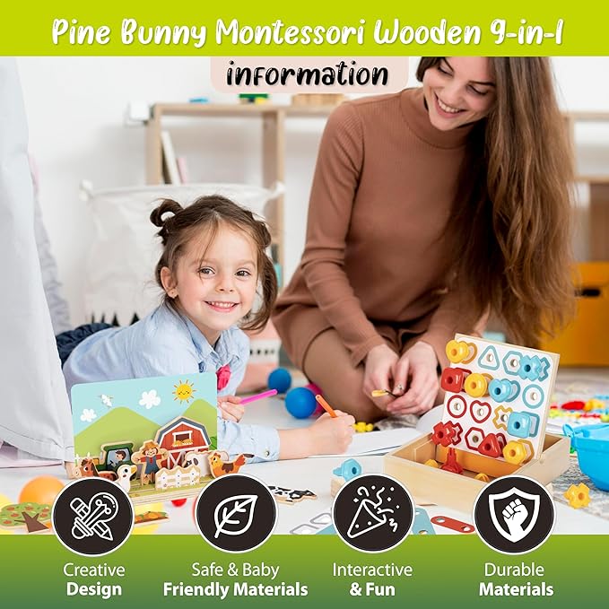 Pine Bunny Montessori Wooden and Plush 12-in-1 Toy Set for 22+ Months, Buckle Toy, Magnetic Color Cup Match Pattern Pegs Space and Distance Farm Game Wooden Train Set Educational Learning Toddler Toys