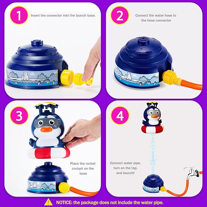 Kids Water Sprinkler Rocket Launcher – Outdoor Water Toys for Summer Backyard Play, Spinning Splash Penguin Rocket for Boys Girls Ages 3-12, Fun Gift for Garden Lawn Birthday
