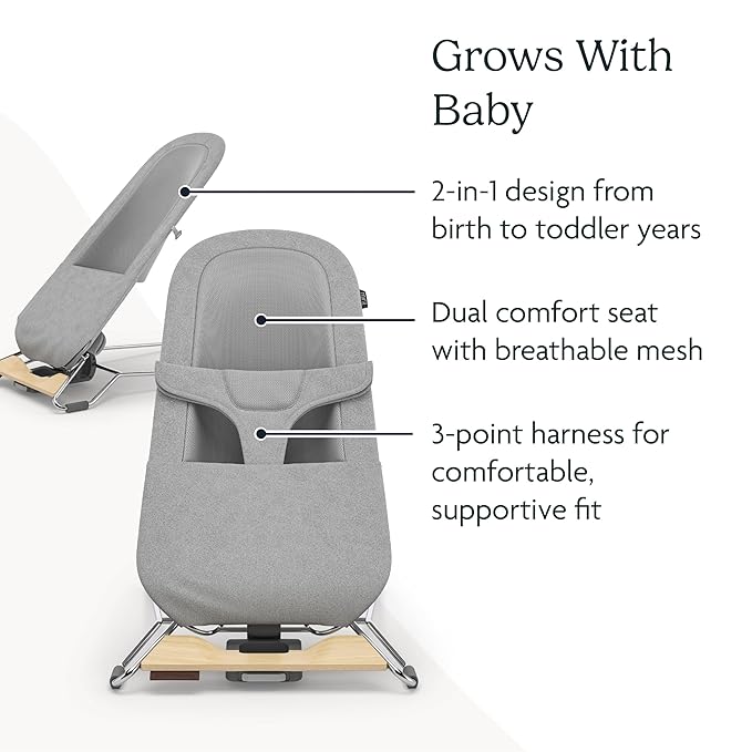 UPPAbaby Mira Bouncer/Portable 2-in-1 Bouncer + Seat Grows with Your Baby/GREENGuard® Gold, JPMA + FSC® Certified/Cozy Seat Liner + Storage Bag Included/Wells (Taupe Mélange/Black Chrome/Walnut Wood)