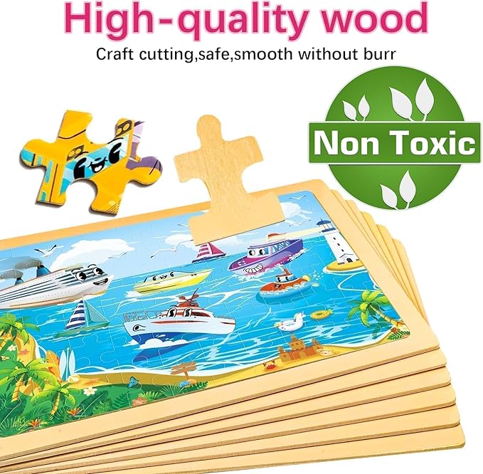 Christmas Wooden Puzzles for Kids Ages 4-6,6 Pack 60Pcs Jigsaw Wooden Car Truck Puzzles for Toddlers 3-5,Preschool Educational Brain Toys Gifts for Boys and Girls 2 4 3 5 Year Old（Vehicle）