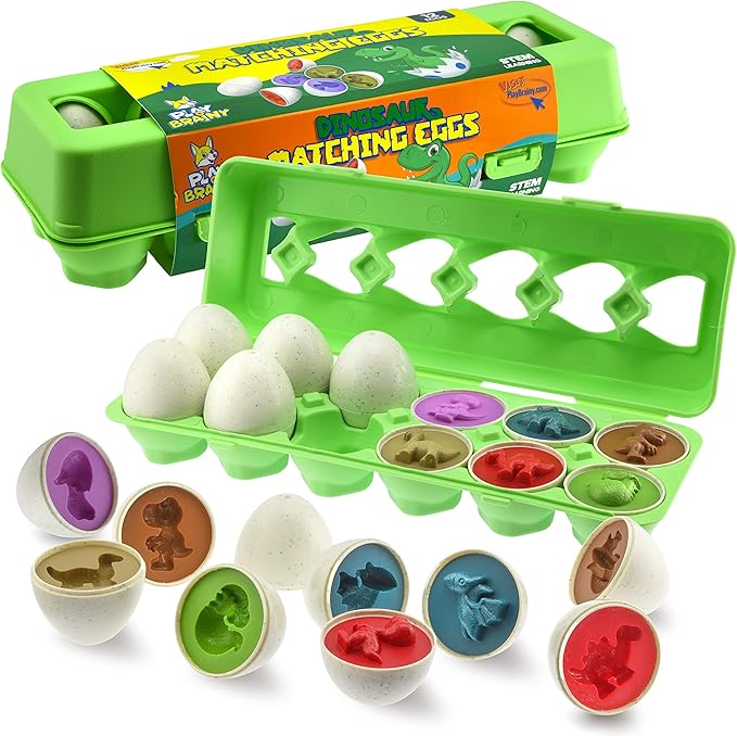 Play Brainy Dinosaur Egg Toys for Toddlers 3+ Montessori, 12 Pc Set, Geometric Egg Puzzle Toy, Early Learning & Educational STEM, Color Recognition, Sorting & Shape Matching, Fine Motor, Easter Gift