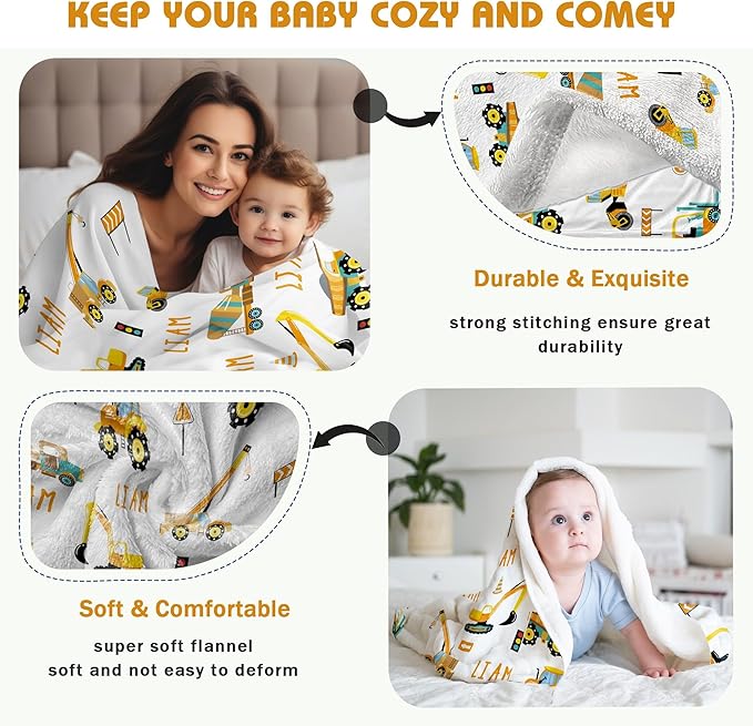 Personalized Truck Excavator Blanket with Name Cutsom Blanket for Baby Boy Car Lover Toddler Kids Customized Gifts for Baby Shower Christmas Birthday Newborn Gifts