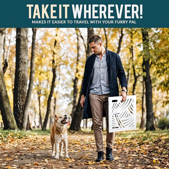 Bundaloo Freestanding Dog Gate Expandable Decorative Wooden Fence for Small to Medium Pet Dogs, Barrier for Stairs, Doorways, & Hallways (Swirl)