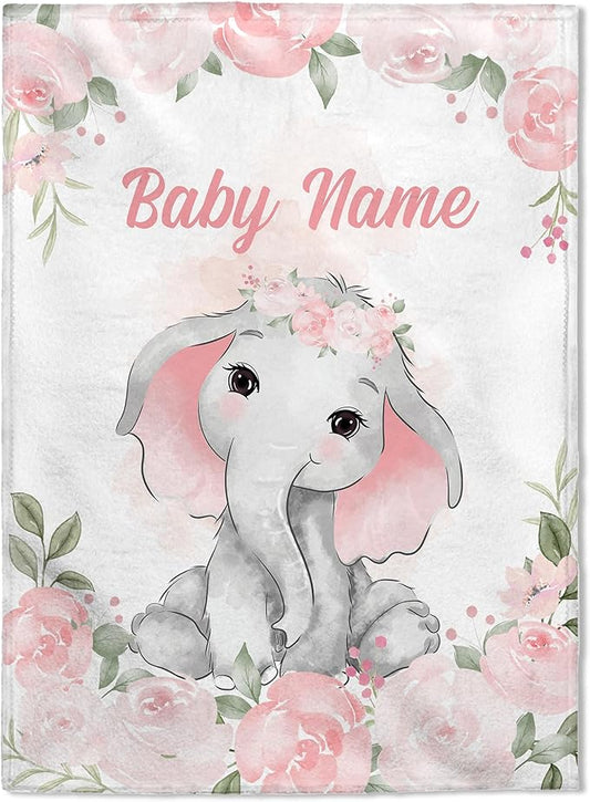 FLOCHIL Personalized Baby Blanket for Girls, Custom Baby Blanket with Name, Customized Baby Products, Gift for Baby, Newborn, Baby Shower (Elephants 3)